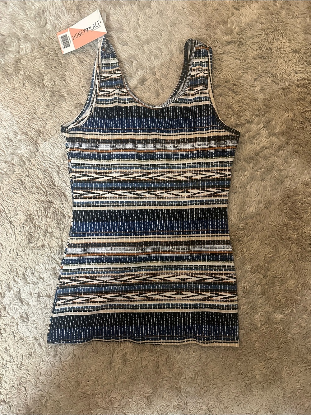 Honeyplace Blue & White Striped Tank Top reversible neck line scoop & v neck